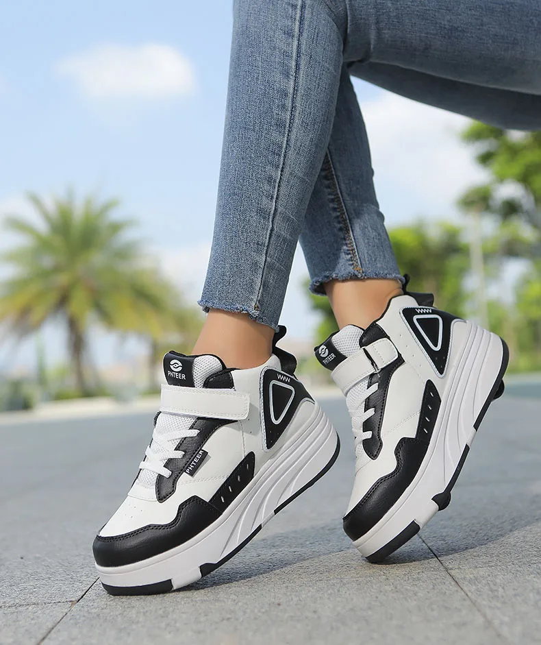 Trendy Cool Middle Top Roller Skateboard Shoes For Boys Girls, Breathable Retractable Roller Skates For Indoor Outdoor Party