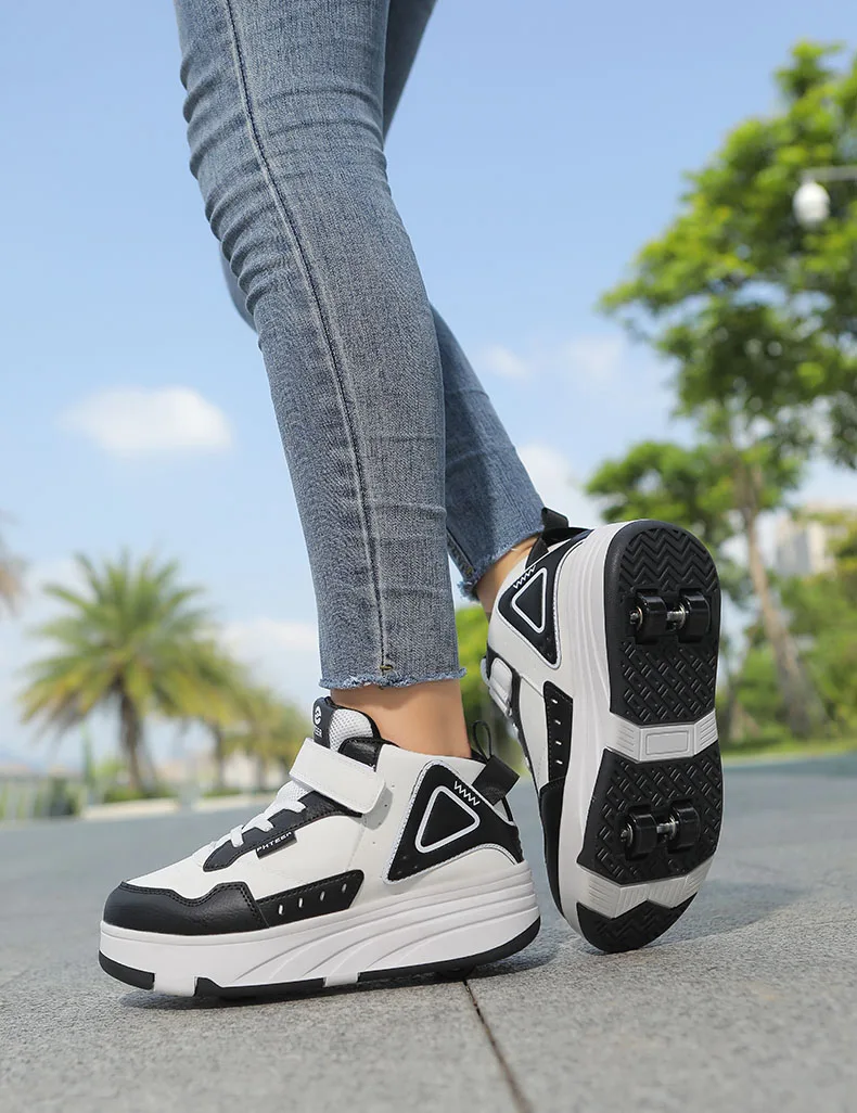 Trendy Cool Middle Top Roller Skateboard Shoes For Boys Girls, Breathable Retractable Roller Skates For Indoor Outdoor Party