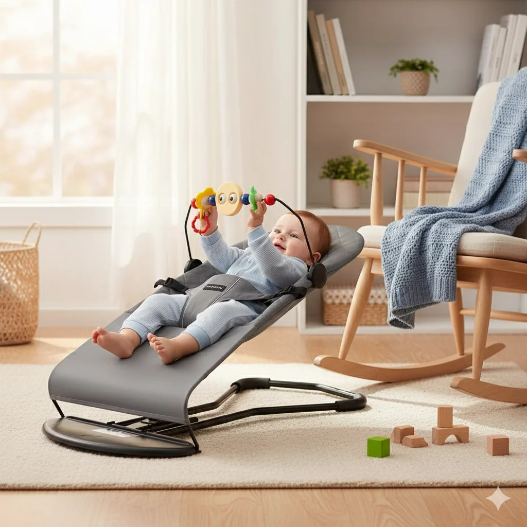 Baby Bouncer Seat with Interactive Toy Bar - Lightweight Portable No-Battery Natural Rocking for 8-29lbs Babies 0-2 Years