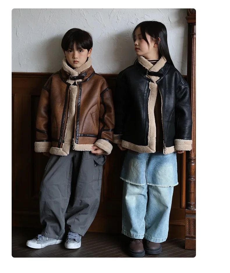 2026 Winter Kids Suede Leather Jacket Boys Girls Faux Fur Coat Thick Warm Fleece Outerwear Teen Children Top Clothes 2-15 Years