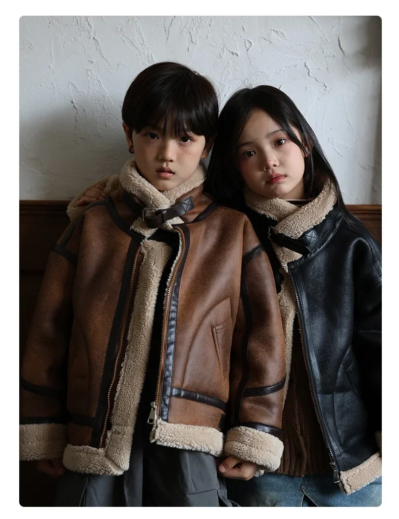 2026 Winter Kids Suede Leather Jacket Boys Girls Faux Fur Coat Thick Warm Fleece Outerwear Teen Children Top Clothes 2-15 Years