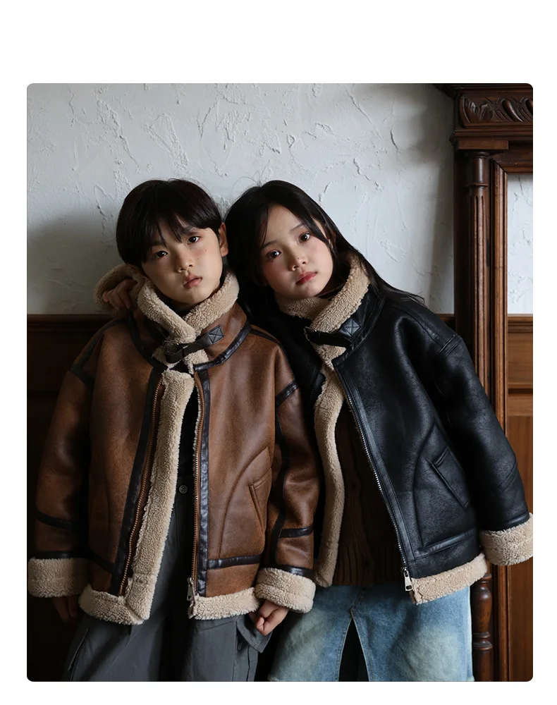 2026 Winter Kids Suede Leather Jacket Boys Girls Faux Fur Coat Thick Warm Fleece Outerwear Teen Children Top Clothes 2-15 Years