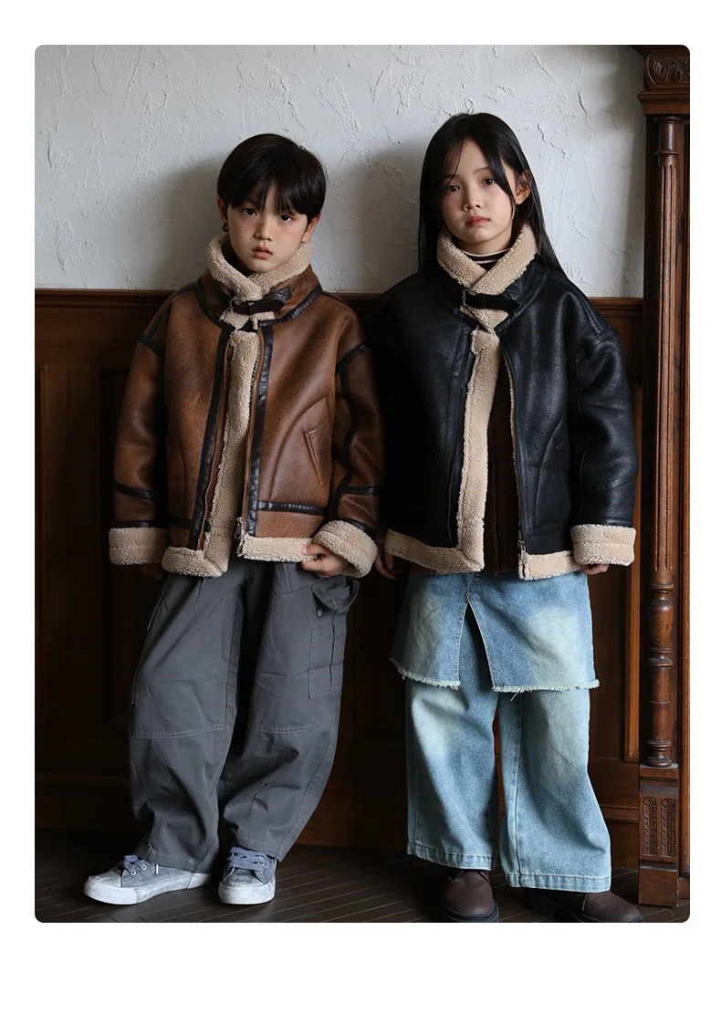 2026 Winter Kids Suede Leather Jacket Boys Girls Faux Fur Coat Thick Warm Fleece Outerwear Teen Children Top Clothes 2-15 Years