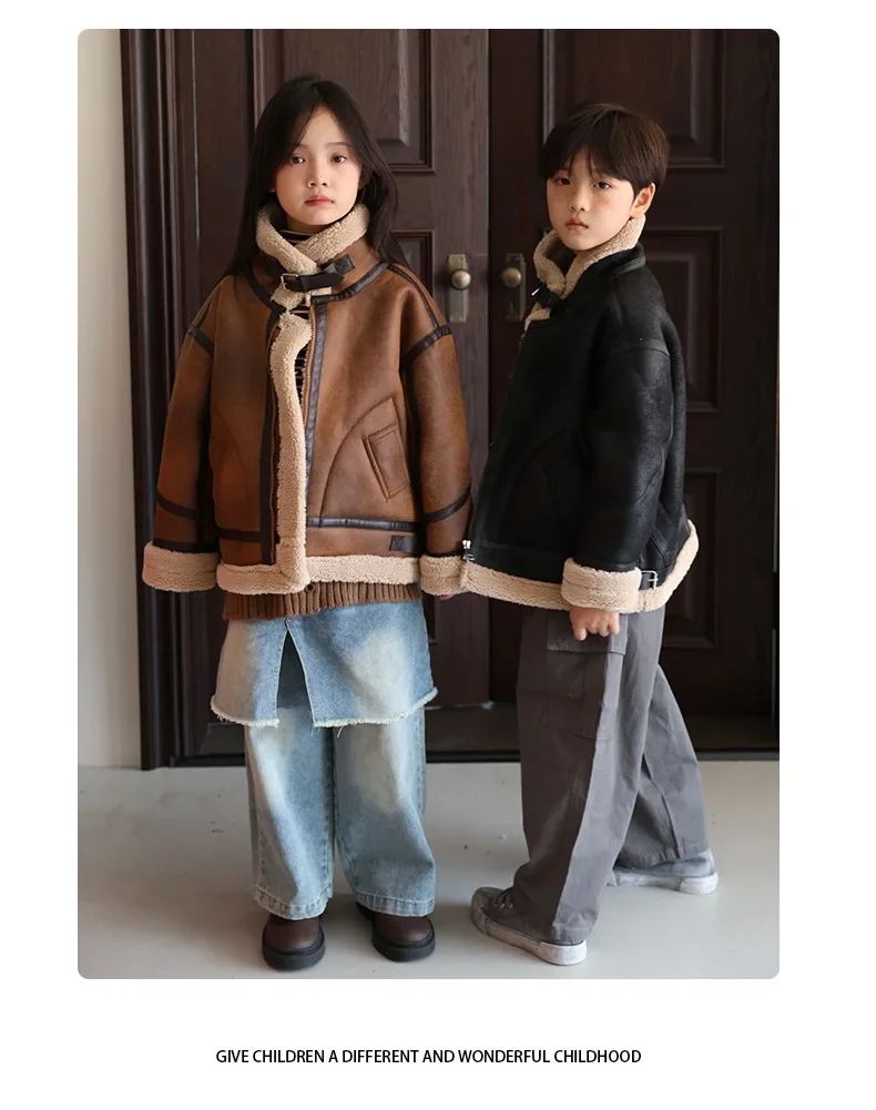 2026 Winter Kids Suede Leather Jacket Boys Girls Faux Fur Coat Thick Warm Fleece Outerwear Teen Children Top Clothes 2-15 Years