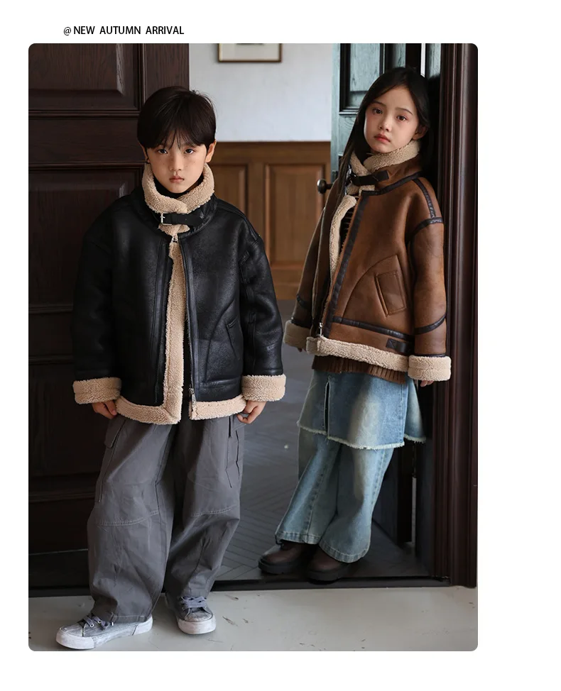 2026 Winter Kids Suede Leather Jacket Boys Girls Faux Fur Coat Thick Warm Fleece Outerwear Teen Children Top Clothes 2-15 Years