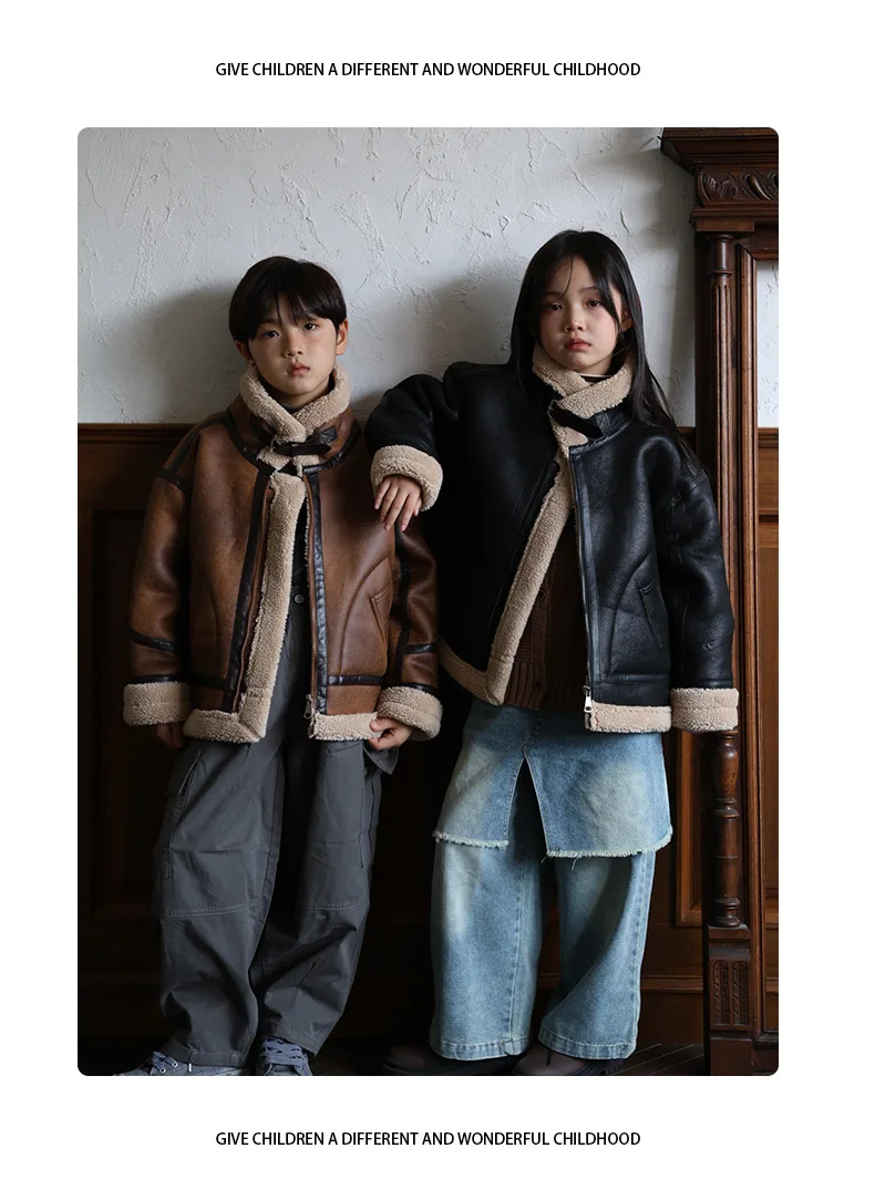 2026 Winter Kids Suede Leather Jacket Boys Girls Faux Fur Coat Thick Warm Fleece Outerwear Teen Children Top Clothes 2-15 Years