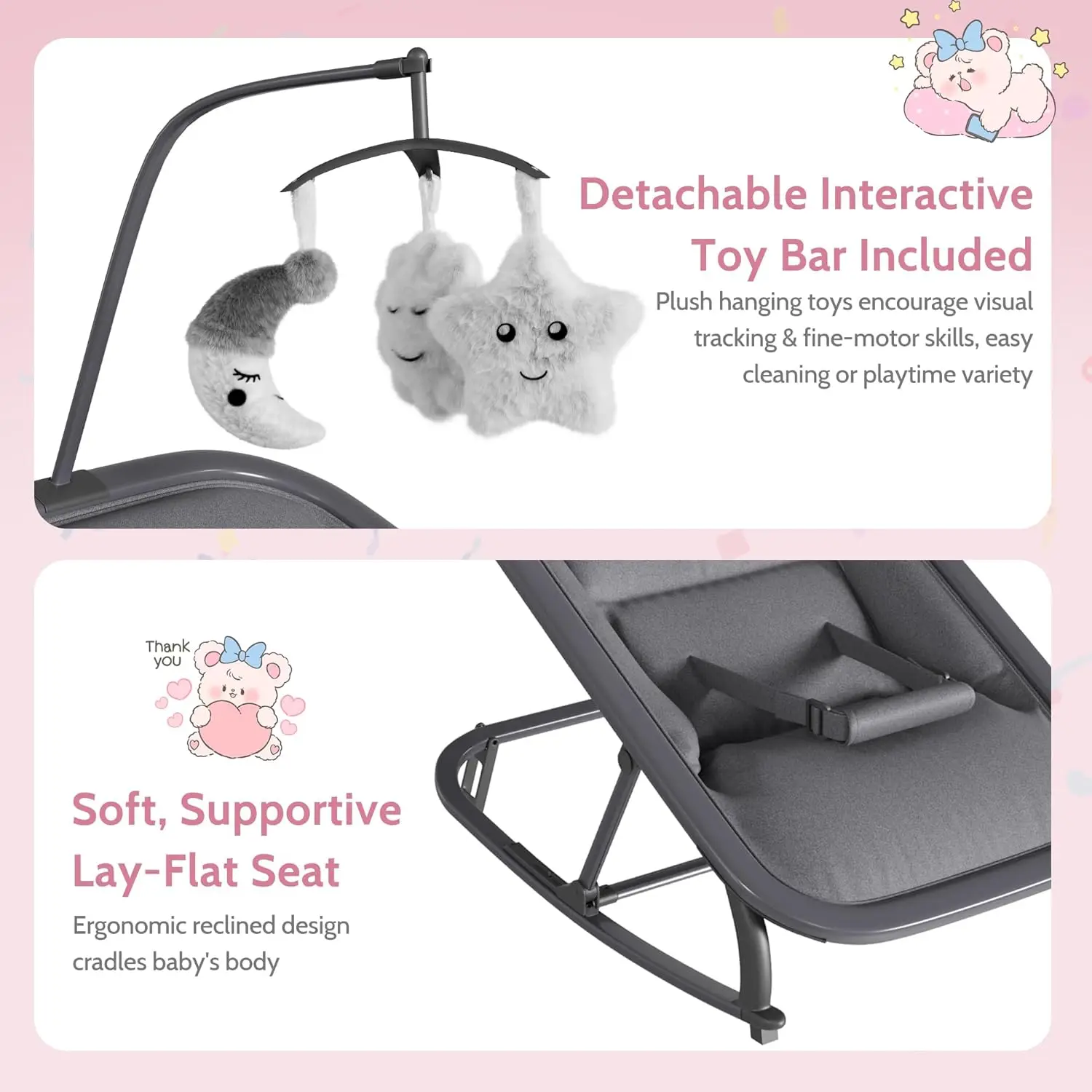 2-in-1 Baby Swing and Rocker Chair, Portable Nursery Bouncer with 3 Recline Positions, Front-to-Back Rocking, Removable Toy Bar, Lockable Mode, Aluminum Frame