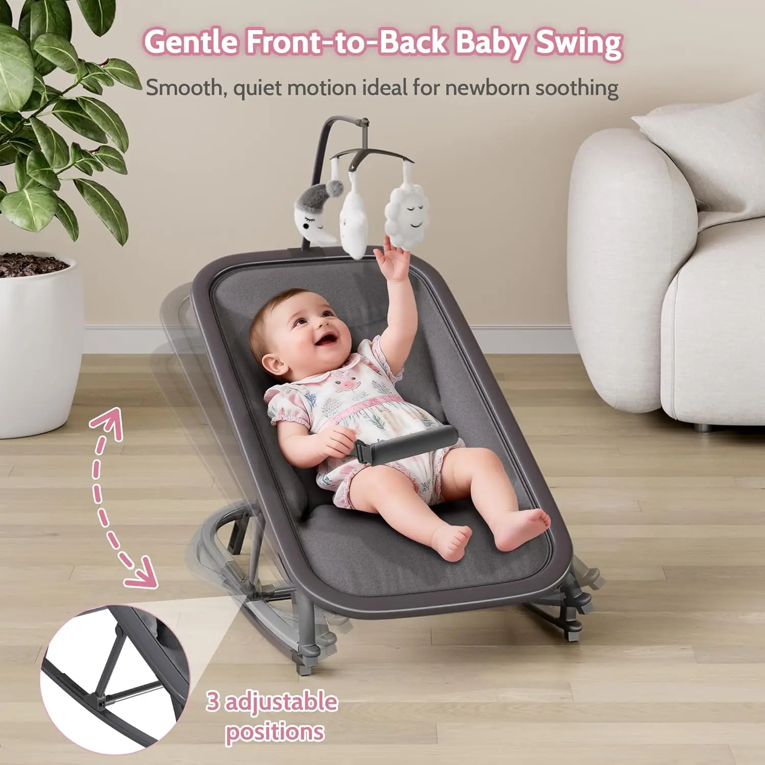 2-in-1 Baby Swing and Rocker Chair, Portable Nursery Bouncer with 3 Recline Positions, Front-to-Back Rocking, Removable Toy Bar, Lockable Mode, Aluminum Frame