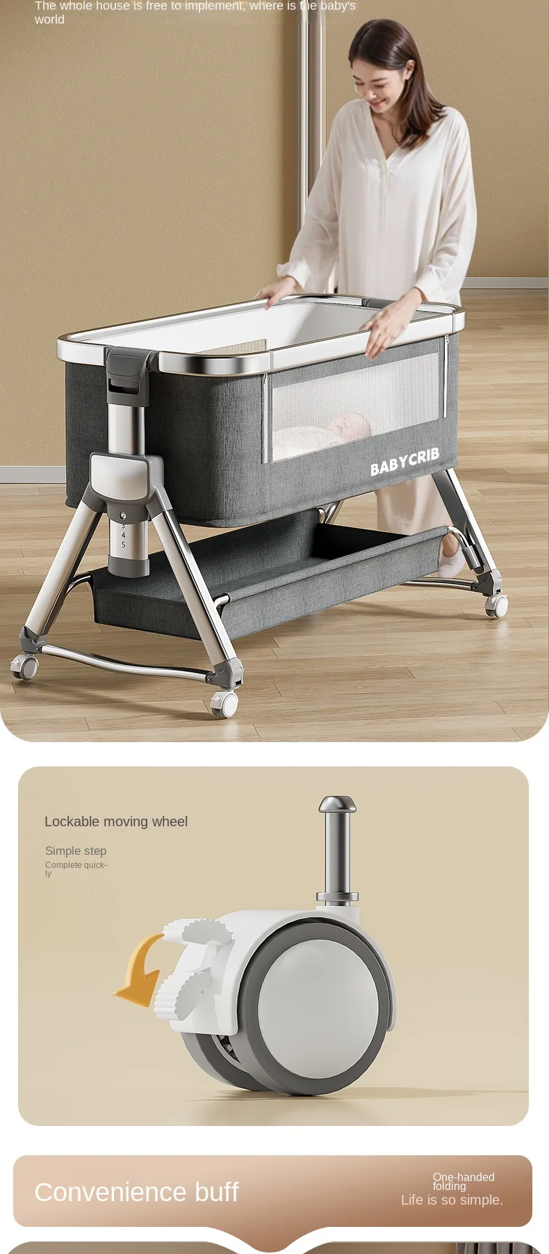 Aluminum alloy baby bed, movable, foldable, and portable