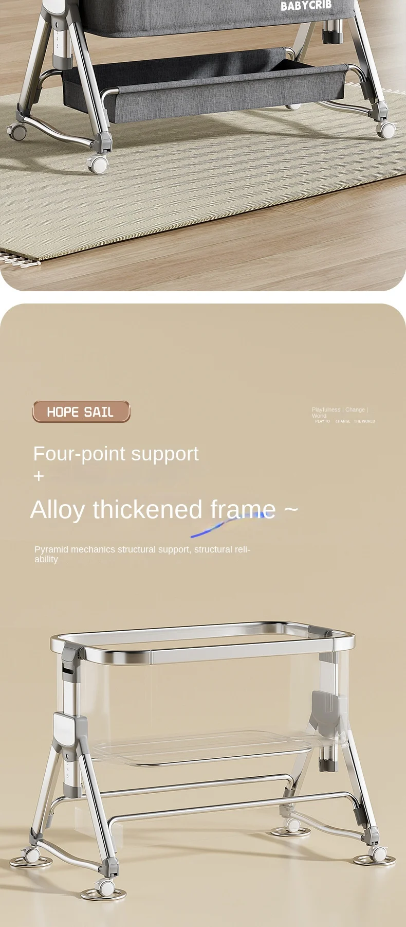 Aluminum alloy baby bed, movable, foldable, and portable