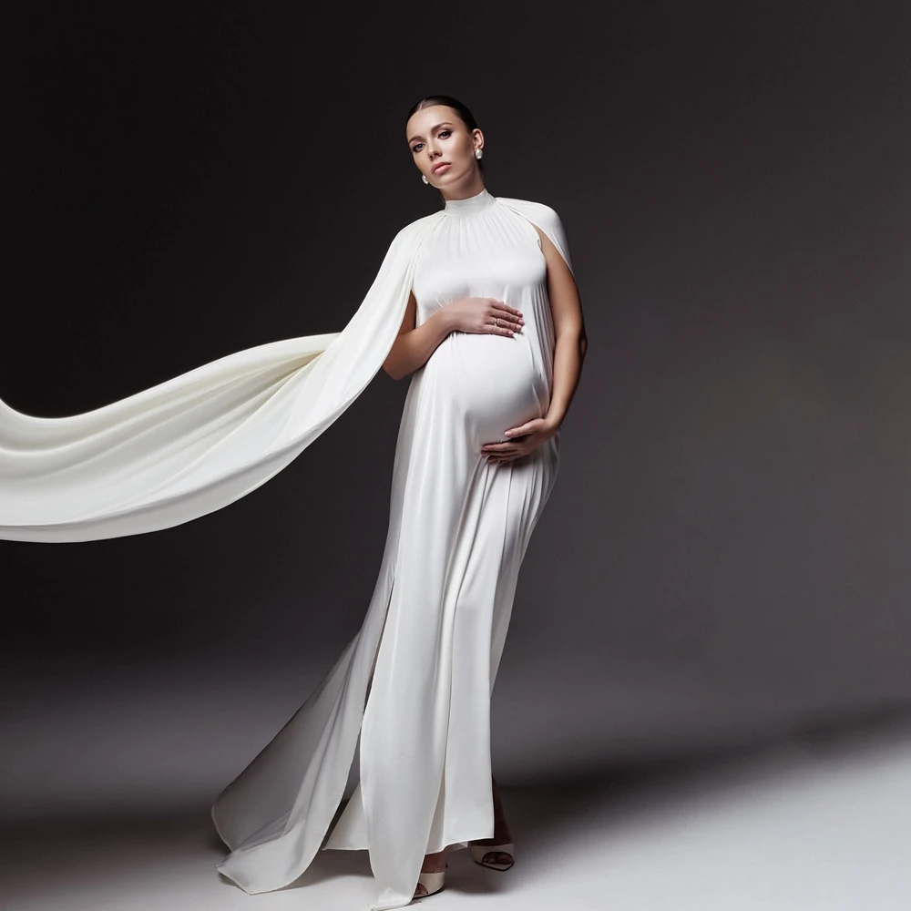 Elegant White Maternity Dress For Photo Shoot High Slit Pregnancy Gown Cape Sleeve Flowy Pregnant Women Maxi Dress