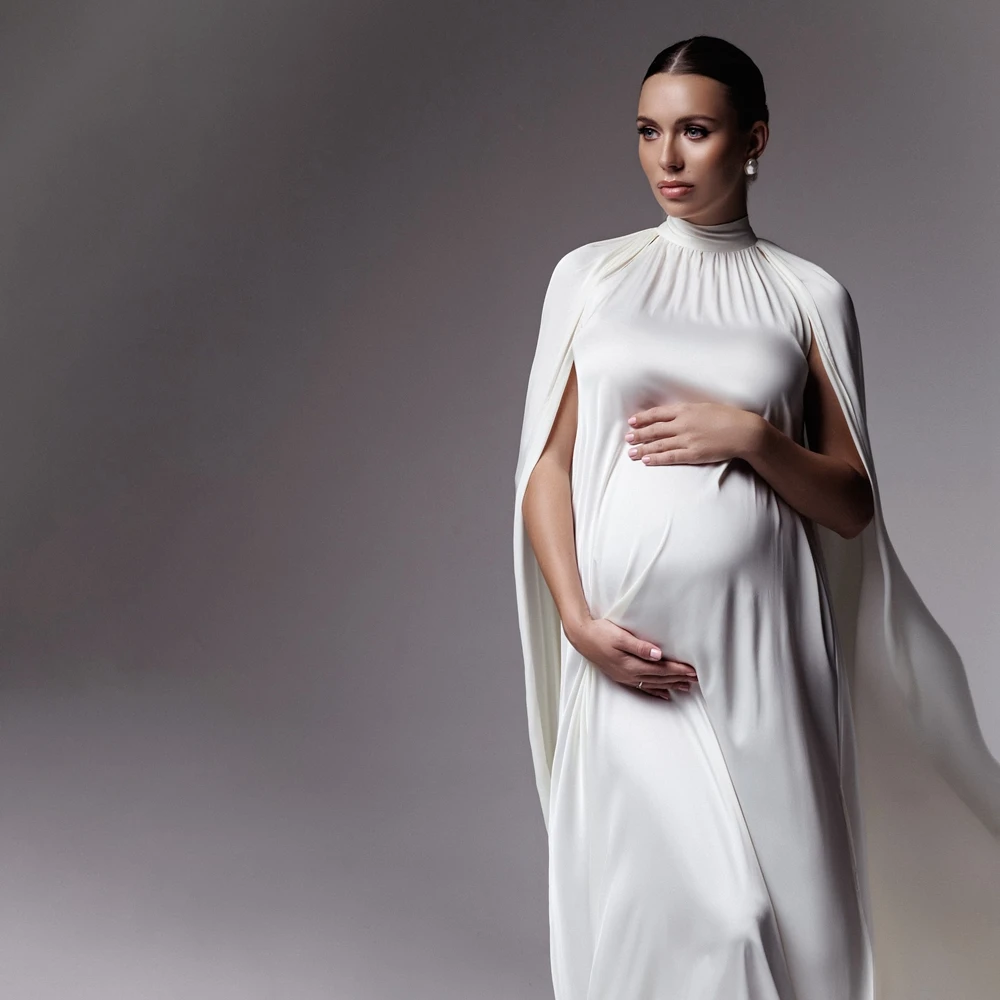 Elegant White Maternity Dress For Photo Shoot High Slit Pregnancy Gown Cape Sleeve Flowy Pregnant Women Maxi Dress