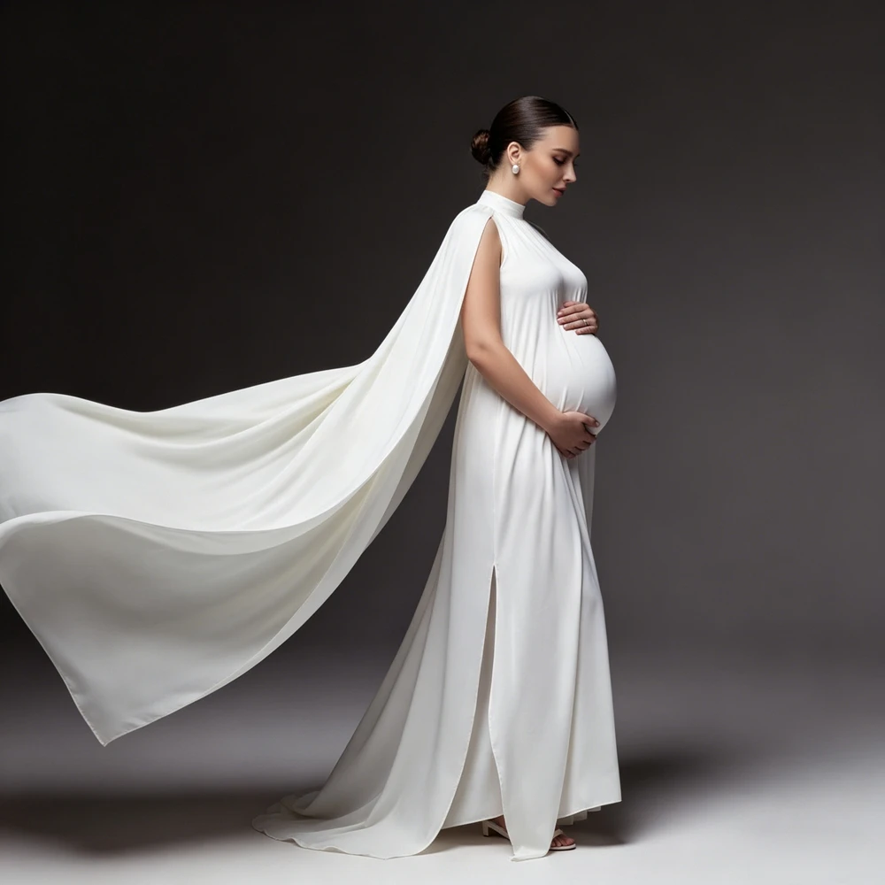 Elegant White Maternity Dress For Photo Shoot High Slit Pregnancy Gown Cape Sleeve Flowy Pregnant Women Maxi Dress