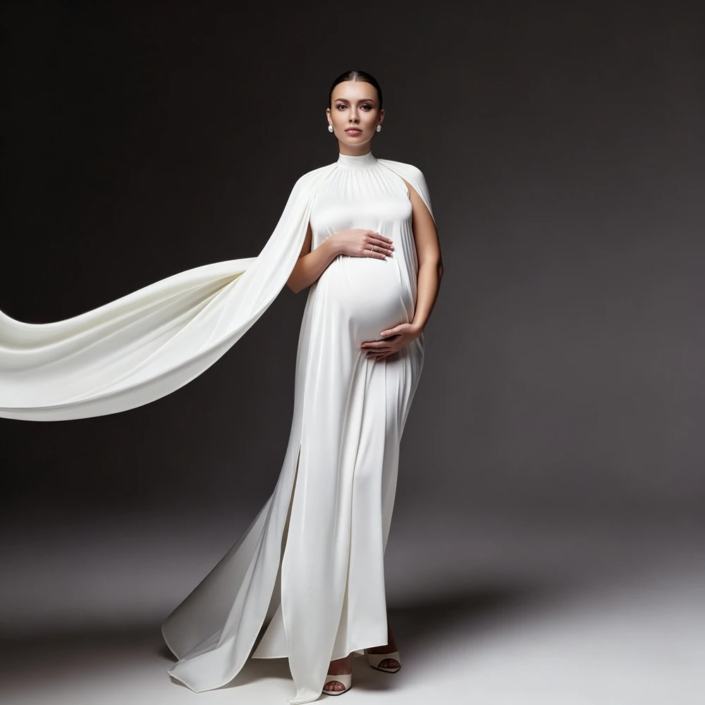 Elegant White Maternity Dress For Photo Shoot High Slit Pregnancy Gown Cape Sleeve Flowy Pregnant Women Maxi Dress