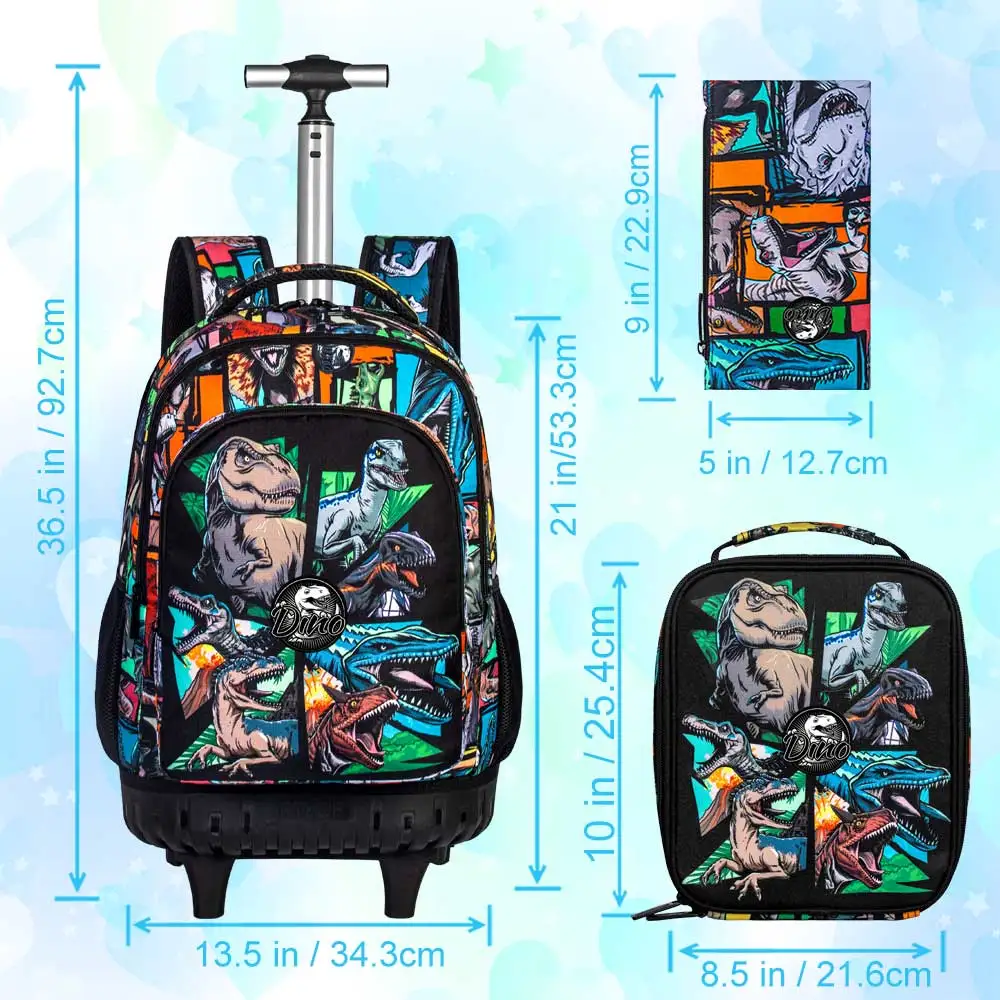 21 Inch Kids Rolling Backpack 3Pcs Set Colorful Dinosaur Print Wheeled Trolley School Bag with Lunch Box Pencil Case for Boys