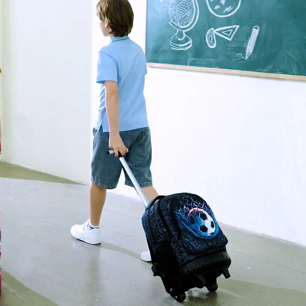 21 Inch Kids Rolling Backpack 3Pcs Set Colorful Dinosaur Print Wheeled Trolley School Bag with Lunch Box Pencil Case for Boys