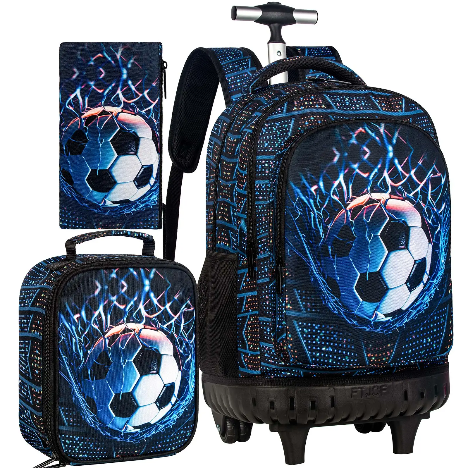 21 Inch Kids Rolling Backpack 3Pcs Set Colorful Dinosaur Print Wheeled Trolley School Bag with Lunch Box Pencil Case for Boys