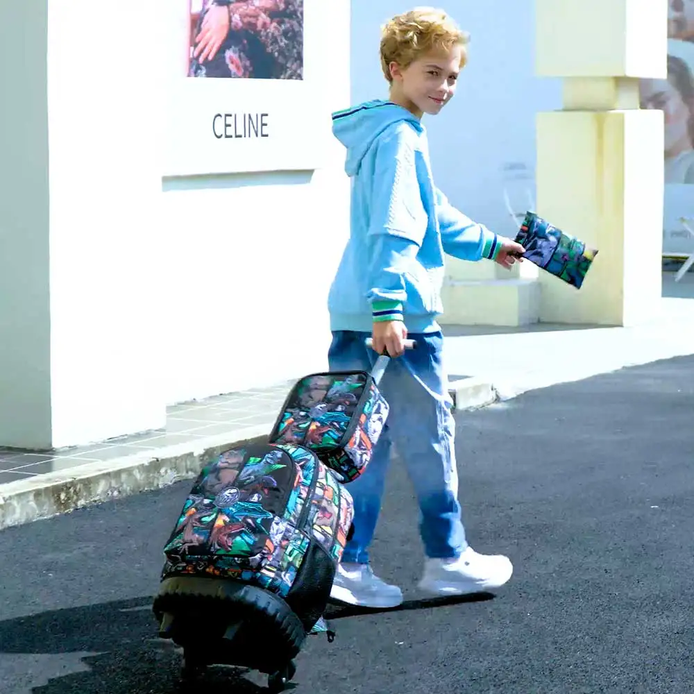 21 Inch Kids Rolling Backpack 3Pcs Set Colorful Dinosaur Print Wheeled Trolley School Bag with Lunch Box Pencil Case for Boys