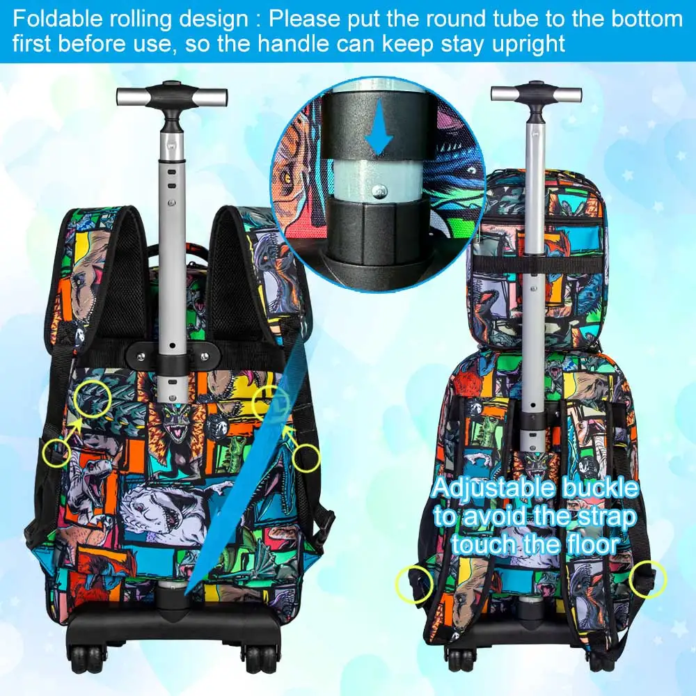 21 Inch Kids Rolling Backpack 3Pcs Set Colorful Dinosaur Print Wheeled Trolley School Bag with Lunch Box Pencil Case for Boys