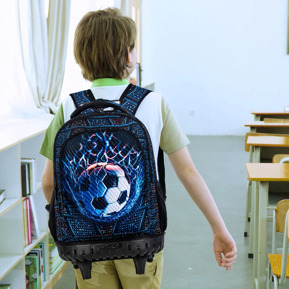 21 Inch Kids Rolling Backpack 3Pcs Set Colorful Dinosaur Print Wheeled Trolley School Bag with Lunch Box Pencil Case for Boys