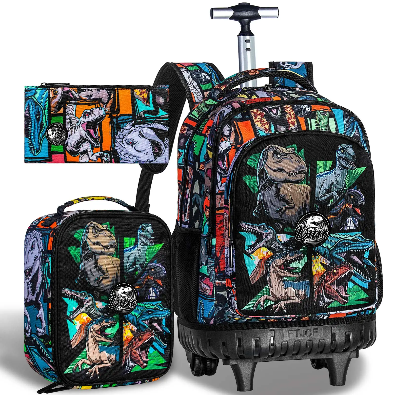 21 Inch Kids Rolling Backpack 3Pcs Set Colorful Dinosaur Print Wheeled Trolley School Bag with Lunch Box Pencil Case for Boys