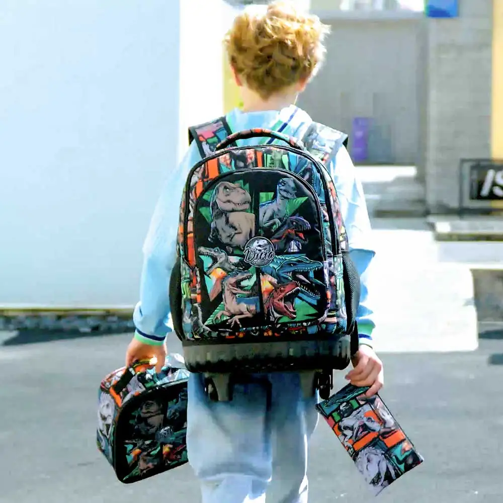 21 Inch Kids Rolling Backpack 3Pcs Set Colorful Dinosaur Print Wheeled Trolley School Bag with Lunch Box Pencil Case for Boys