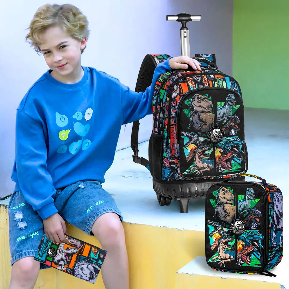 21 Inch Kids Rolling Backpack 3Pcs Set Colorful Dinosaur Print Wheeled Trolley School Bag with Lunch Box Pencil Case for Boys