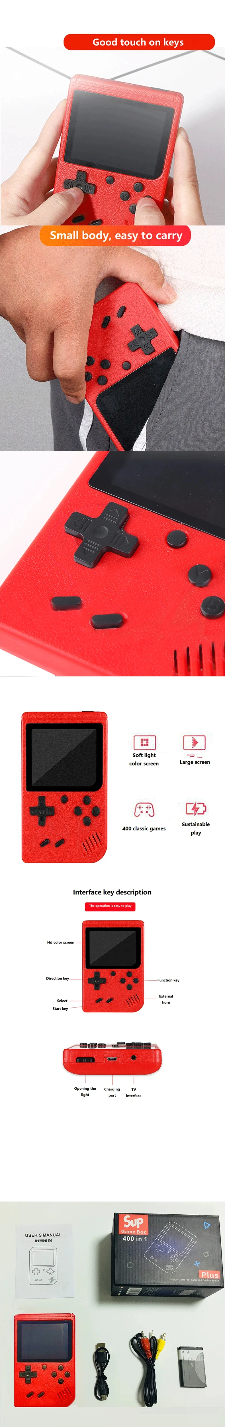 A Red Retro Classic Games Children's Handheld Small Game Console With 400 Game Charging Can Be Connected To The Tv