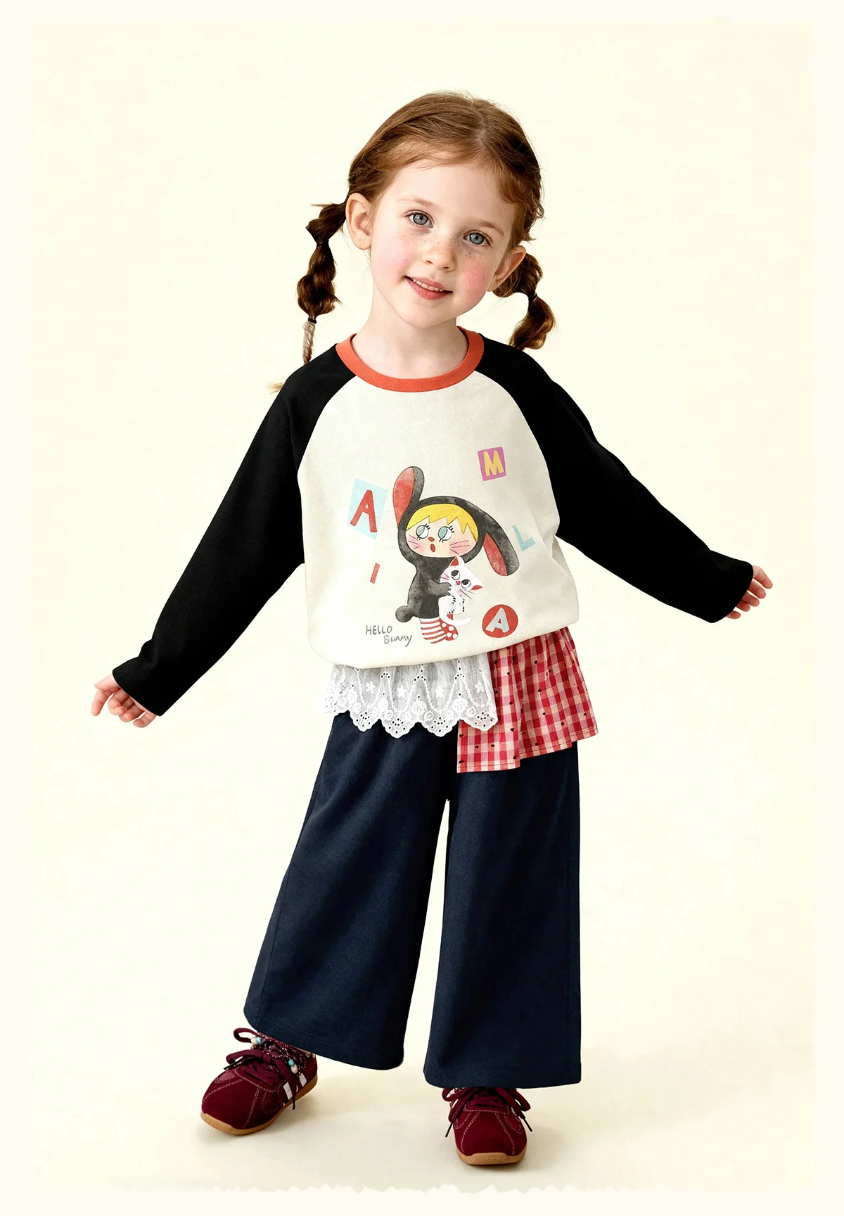 Amila 2026 Spring Girls' Casual Pants Lace Lace Small Love Pattern Grid Splicing Daily Solid Color Loose Wide Leg Pants