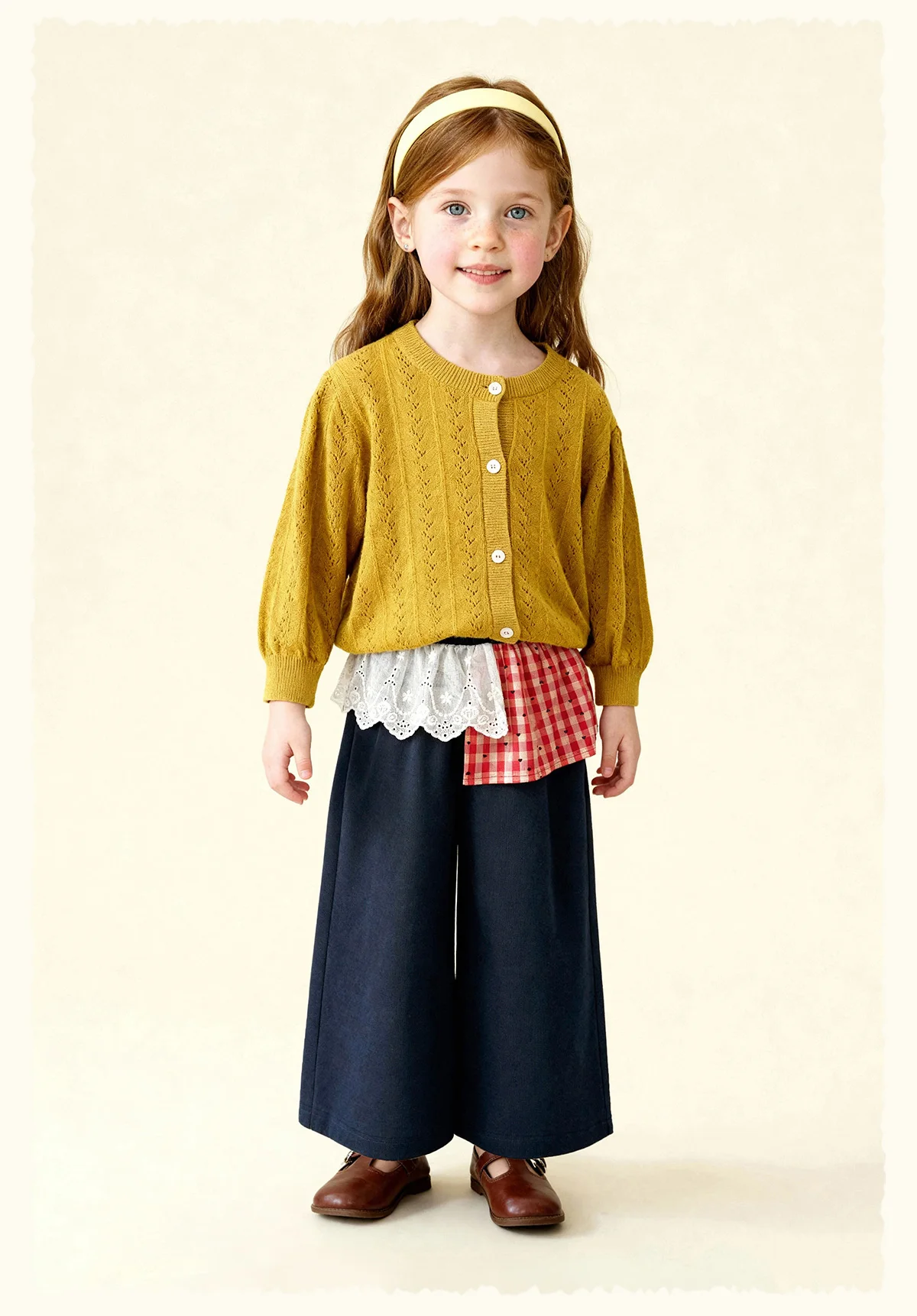Amila 2026 Spring Girls' Casual Pants Lace Lace Small Love Pattern Grid Splicing Daily Solid Color Loose Wide Leg Pants