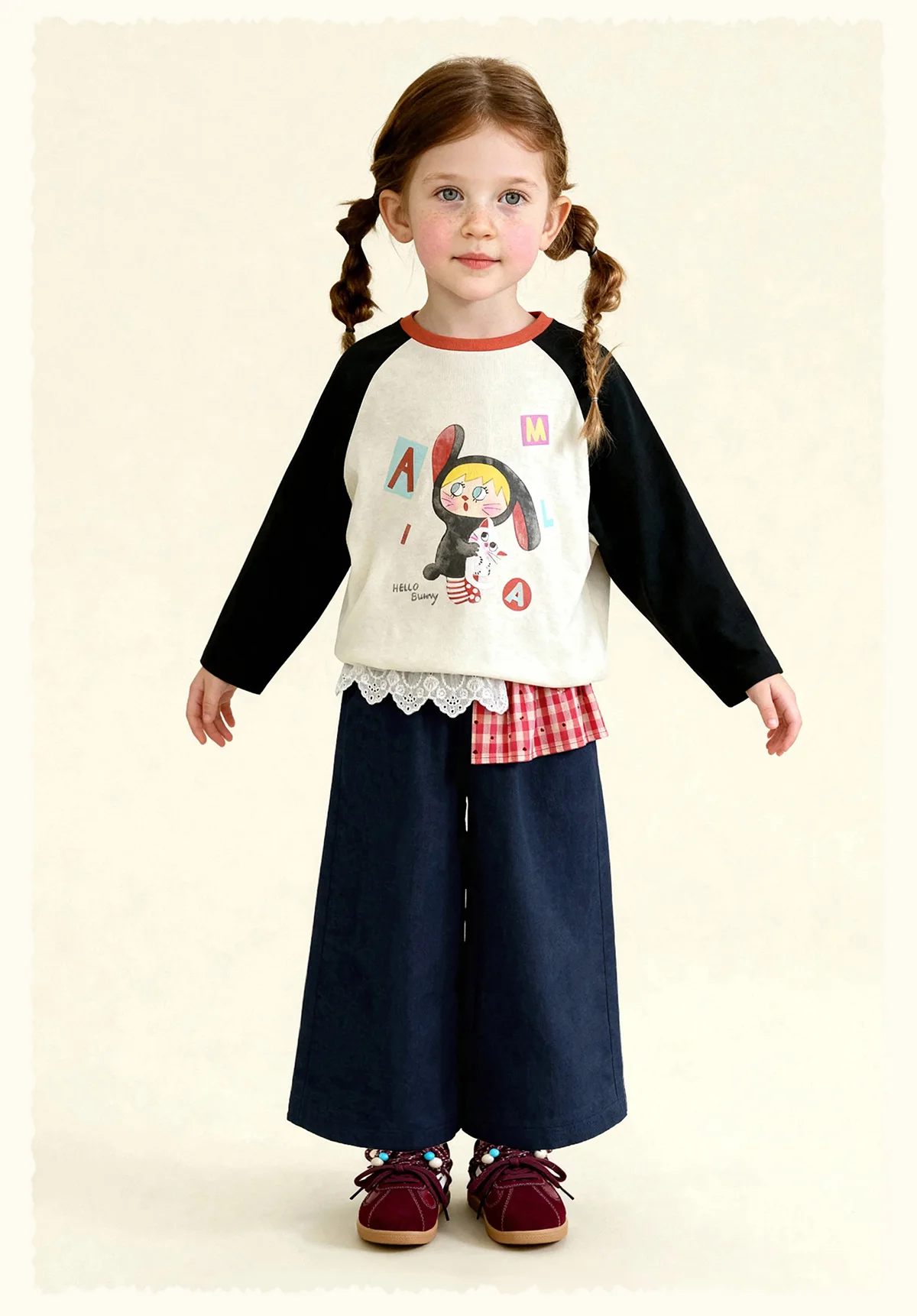 Amila 2026 Spring Girls' Casual Pants Lace Lace Small Love Pattern Grid Splicing Daily Solid Color Loose Wide Leg Pants