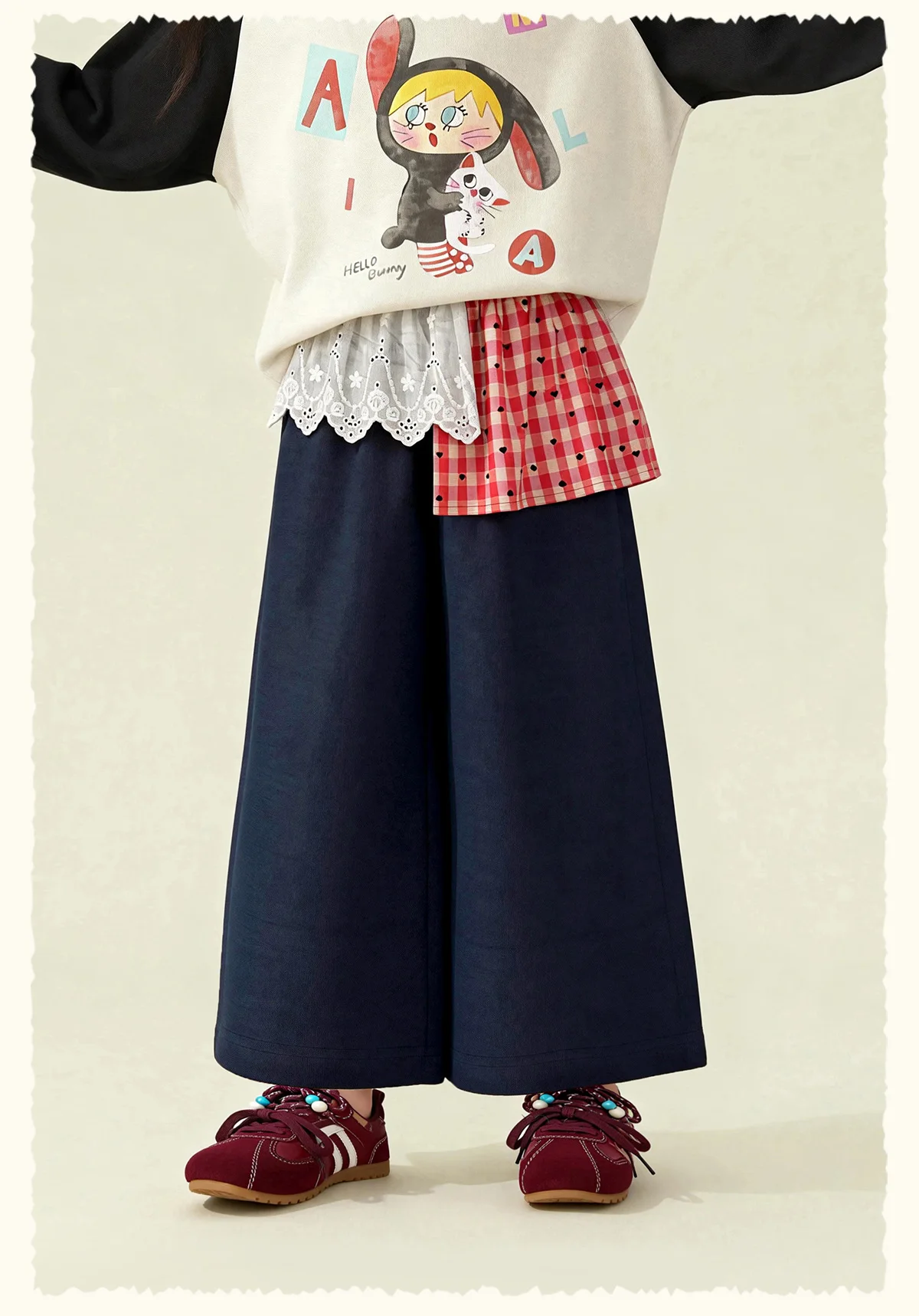 Amila 2026 Spring Girls' Casual Pants Lace Lace Small Love Pattern Grid Splicing Daily Solid Color Loose Wide Leg Pants