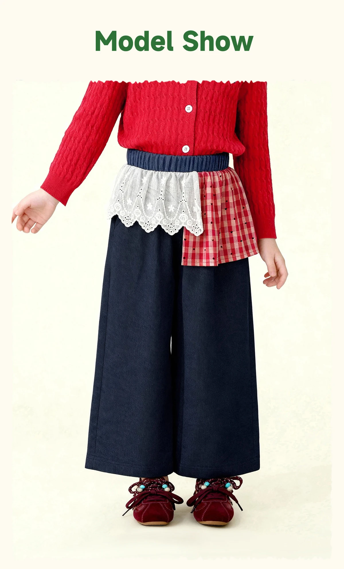 Amila 2026 Spring Girls' Casual Pants Lace Lace Small Love Pattern Grid Splicing Daily Solid Color Loose Wide Leg Pants
