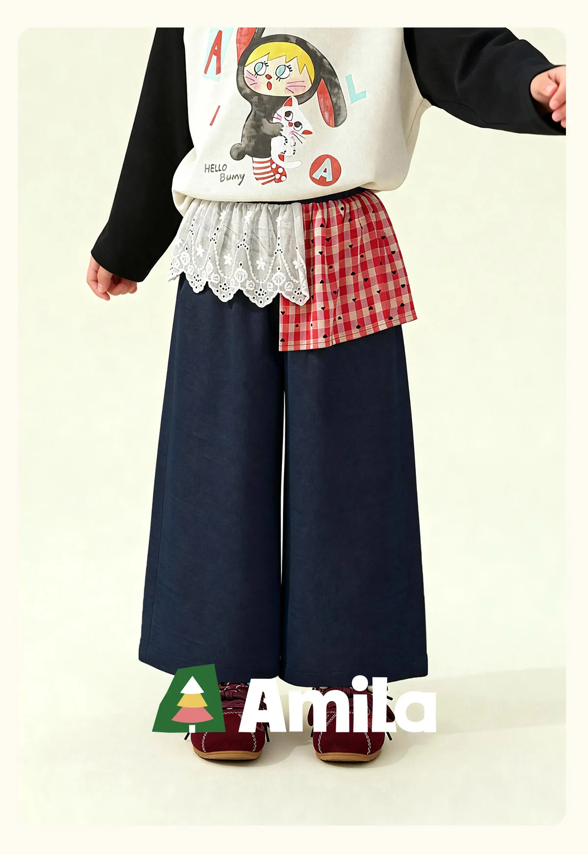Amila 2026 Spring Girls' Casual Pants Lace Lace Small Love Pattern Grid Splicing Daily Solid Color Loose Wide Leg Pants