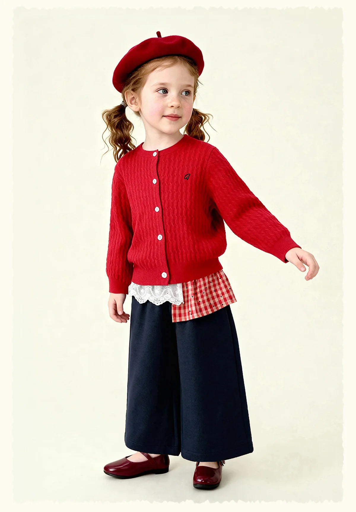 Amila 2026 Spring Girls' Casual Pants Lace Lace Small Love Pattern Grid Splicing Daily Solid Color Loose Wide Leg Pants