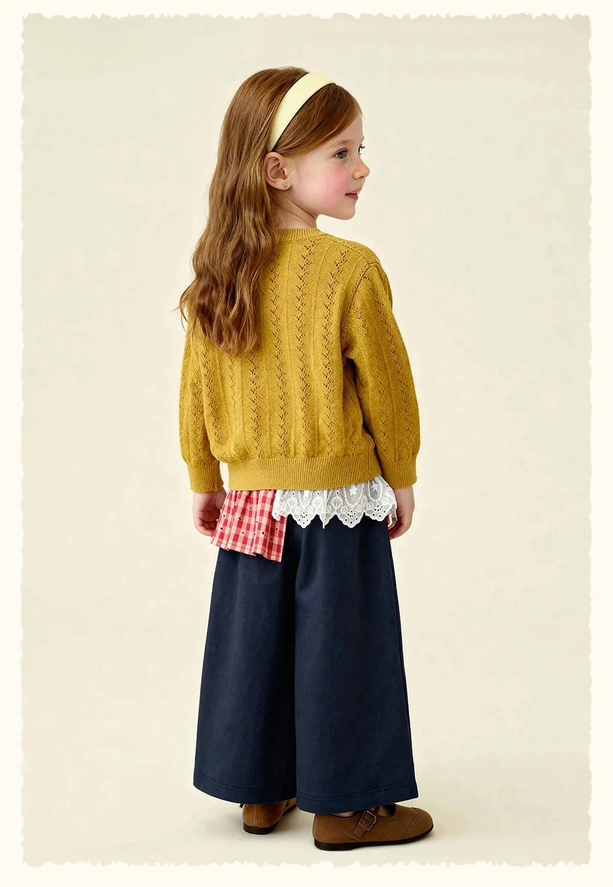 Amila 2026 Spring Girls' Casual Pants Lace Lace Small Love Pattern Grid Splicing Daily Solid Color Loose Wide Leg Pants