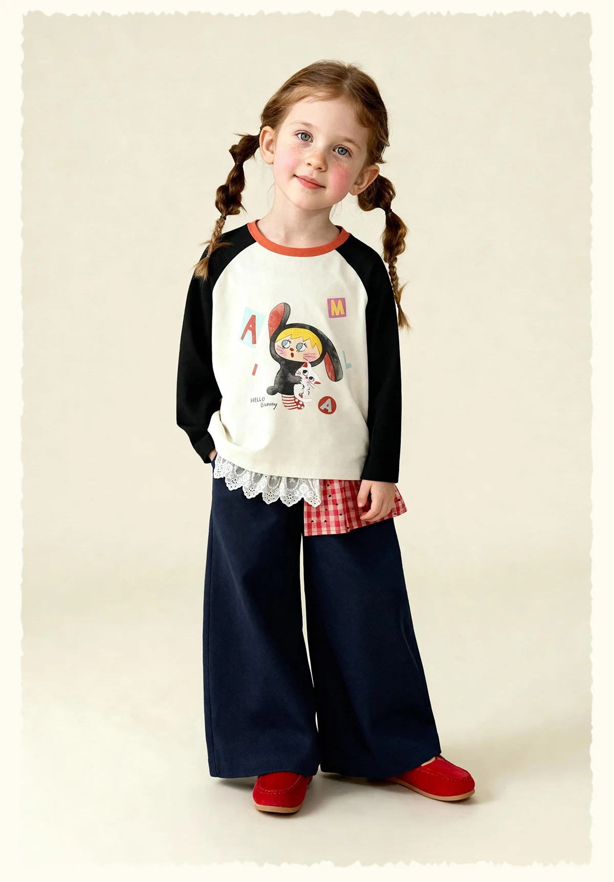 Amila 2026 Spring Girls' Casual Pants Lace Lace Small Love Pattern Grid Splicing Daily Solid Color Loose Wide Leg Pants