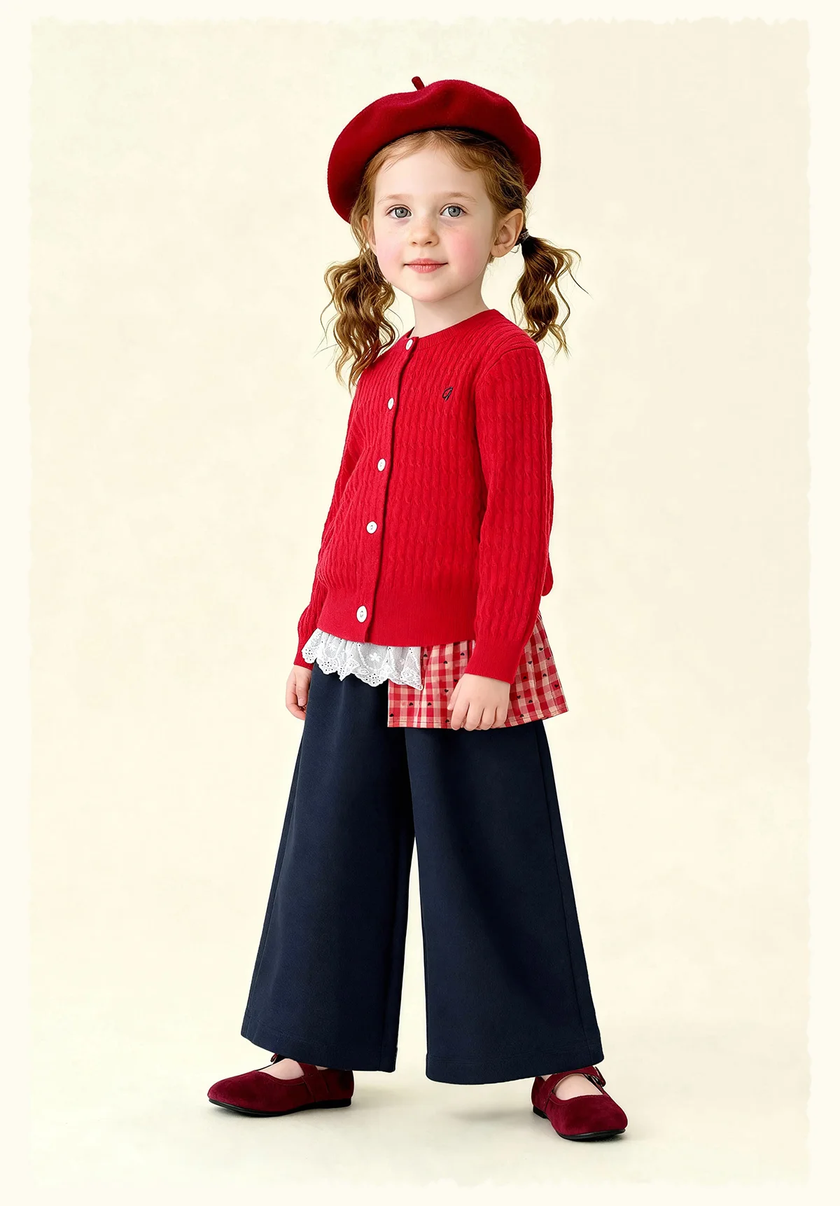 Amila 2026 Spring Girls' Casual Pants Lace Lace Small Love Pattern Grid Splicing Daily Solid Color Loose Wide Leg Pants