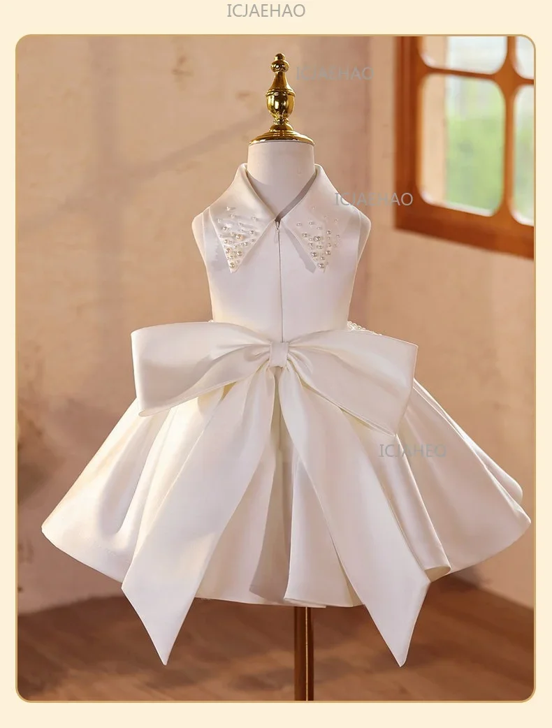 Banquet Host Flower Girl Piano Performance Evening Girls White Pearl Formal Dress, Luxury Niche Princess Gown For WearChildrend