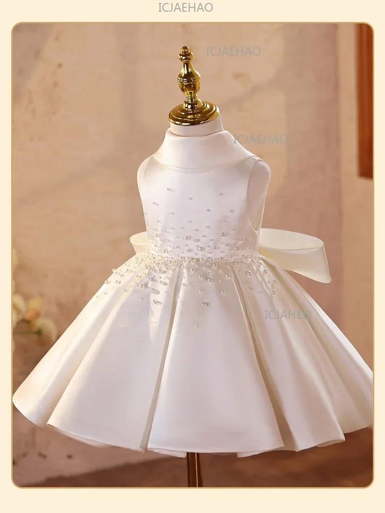Banquet Host Flower Girl Piano Performance Evening Girls White Pearl Formal Dress, Luxury Niche Princess Gown For WearChildrend
