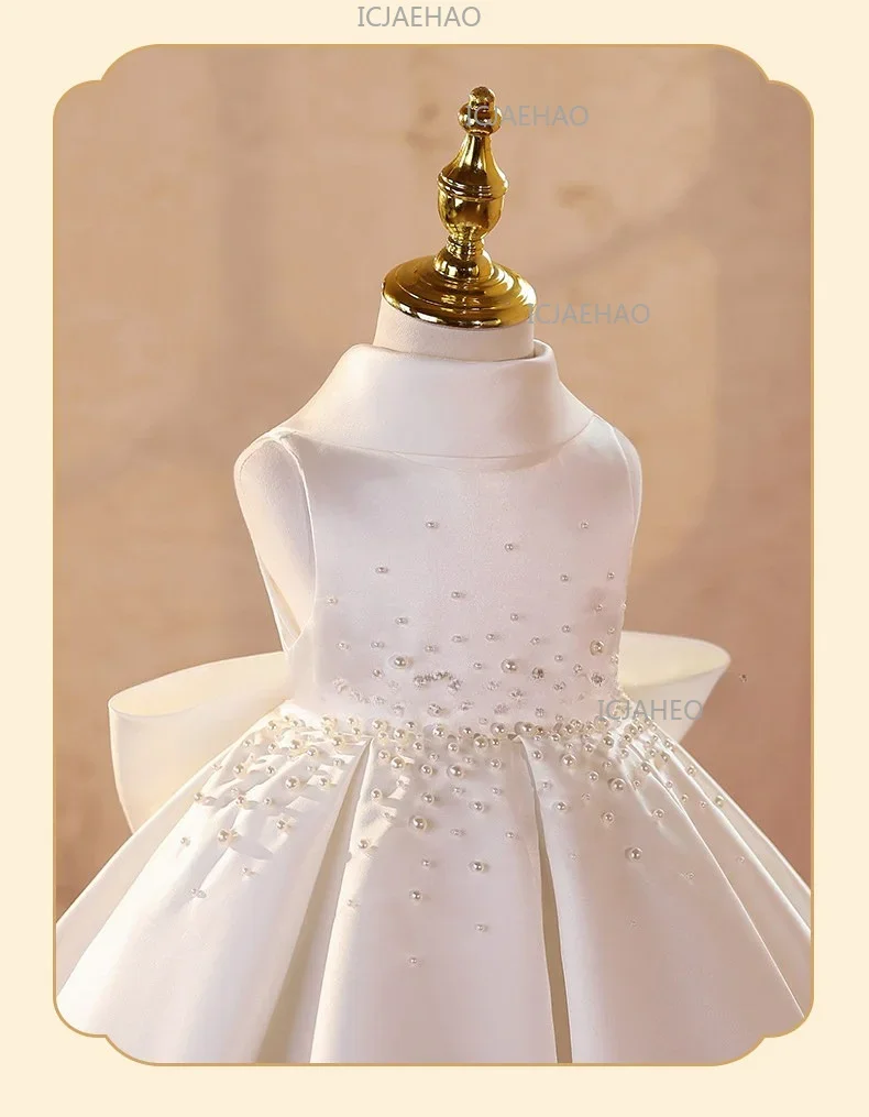 Banquet Host Flower Girl Piano Performance Evening Girls White Pearl Formal Dress, Luxury Niche Princess Gown For WearChildrend