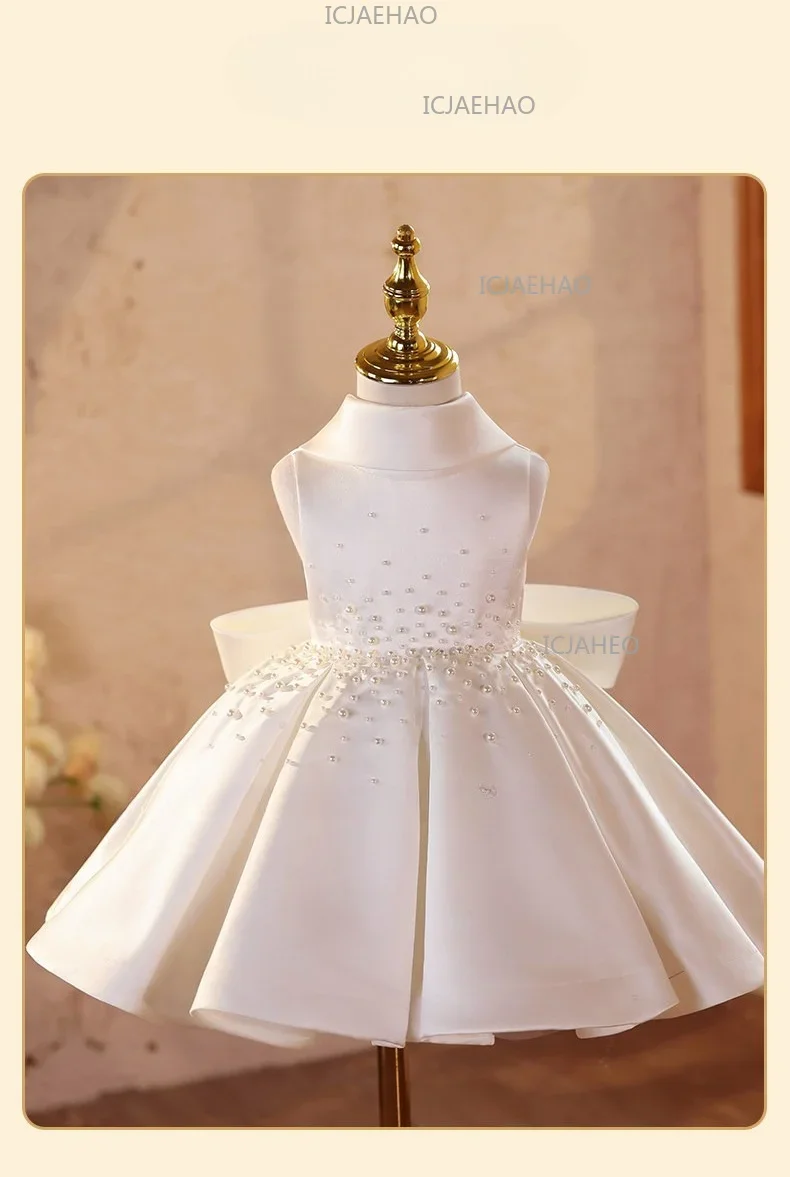 Banquet Host Flower Girl Piano Performance Evening Girls White Pearl Formal Dress, Luxury Niche Princess Gown For WearChildrend