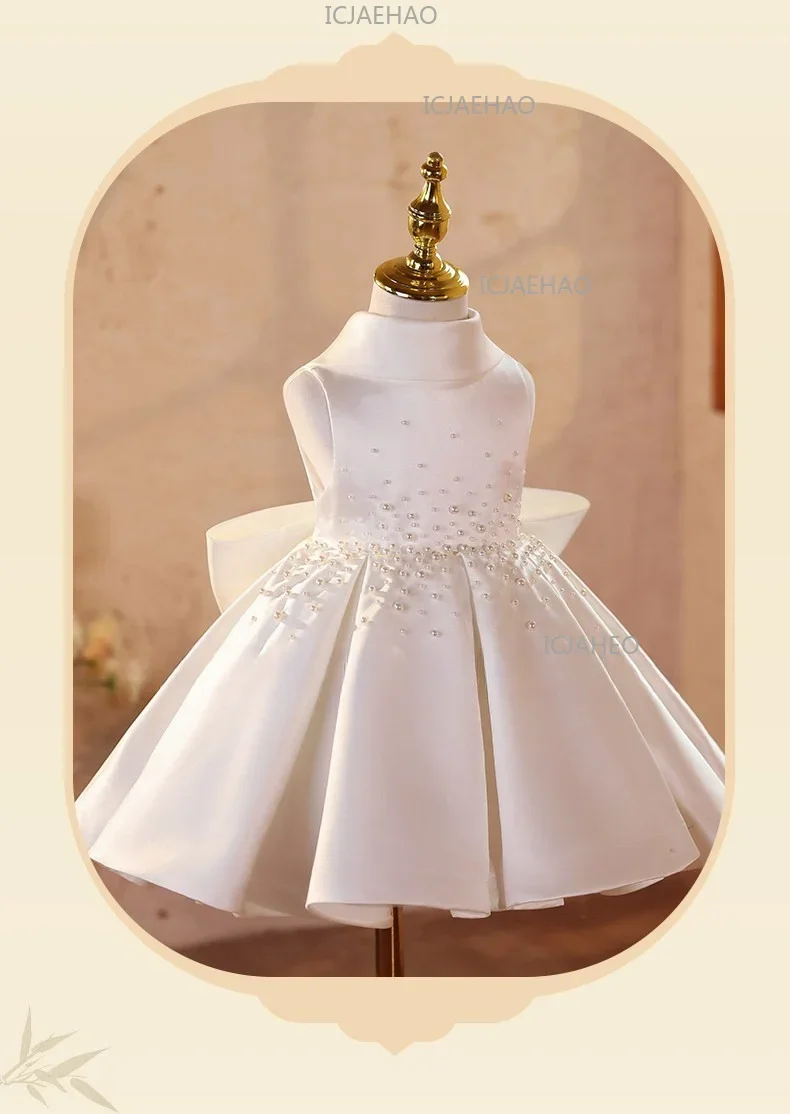 Banquet Host Flower Girl Piano Performance Evening Girls White Pearl Formal Dress, Luxury Niche Princess Gown For WearChildrend
