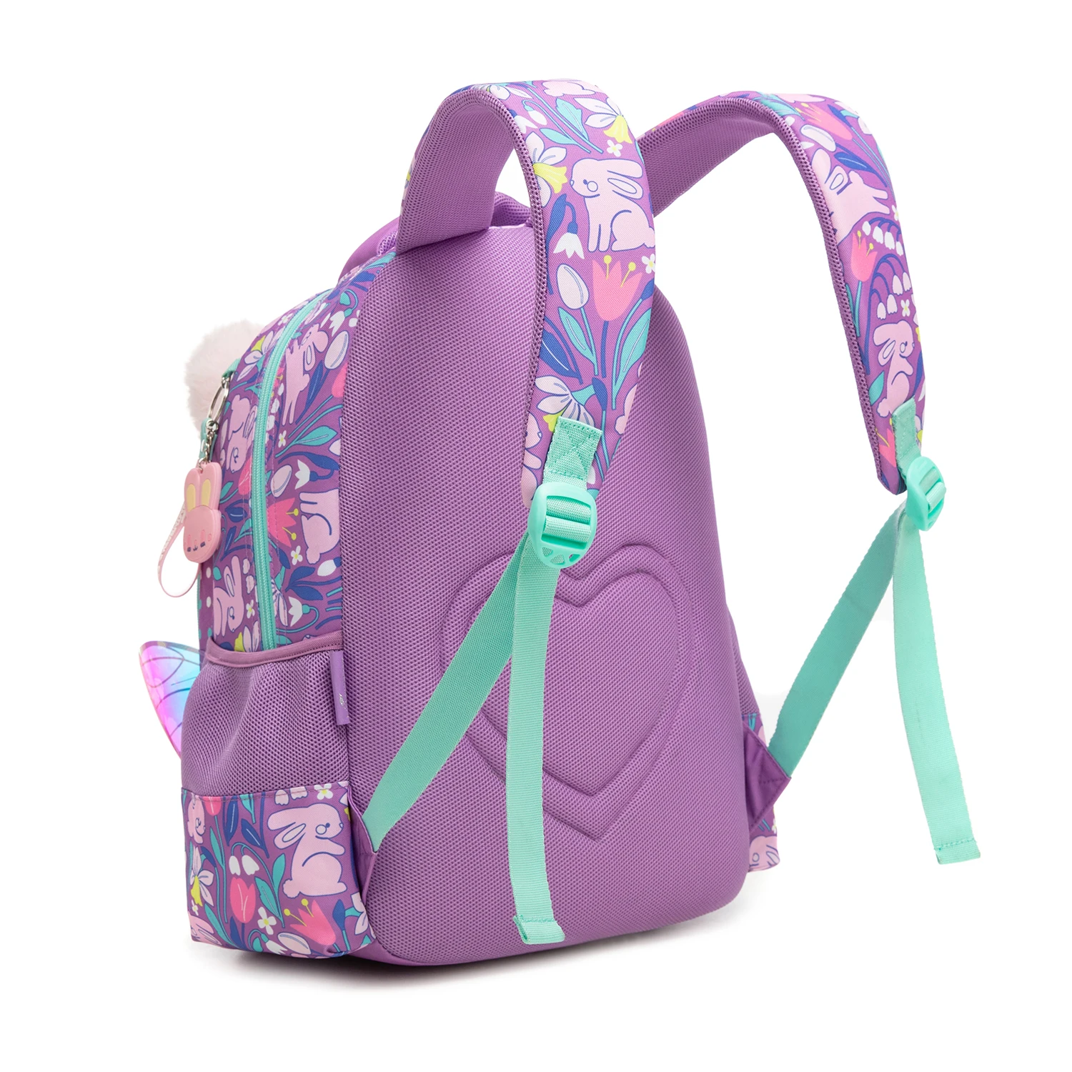 Girls Cute 3D Plush Bunny with Wings 3PCS Backpack Set - Floral Print School Bookbag + Insulated Lunch Bag + Pencil Pouch