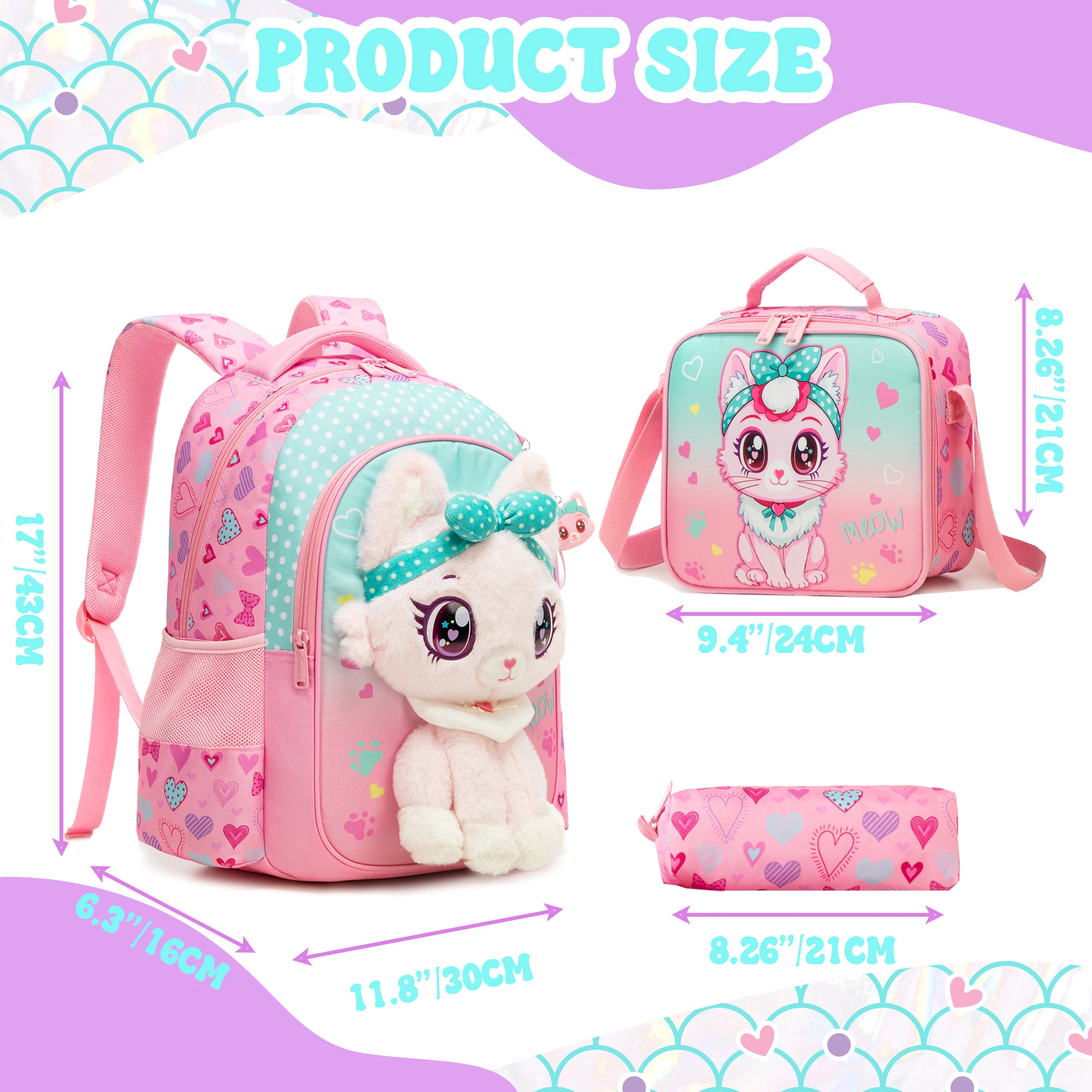 Girls Cute 3D Plush Bunny with Wings 3PCS Backpack Set - Floral Print School Bookbag + Insulated Lunch Bag + Pencil Pouch