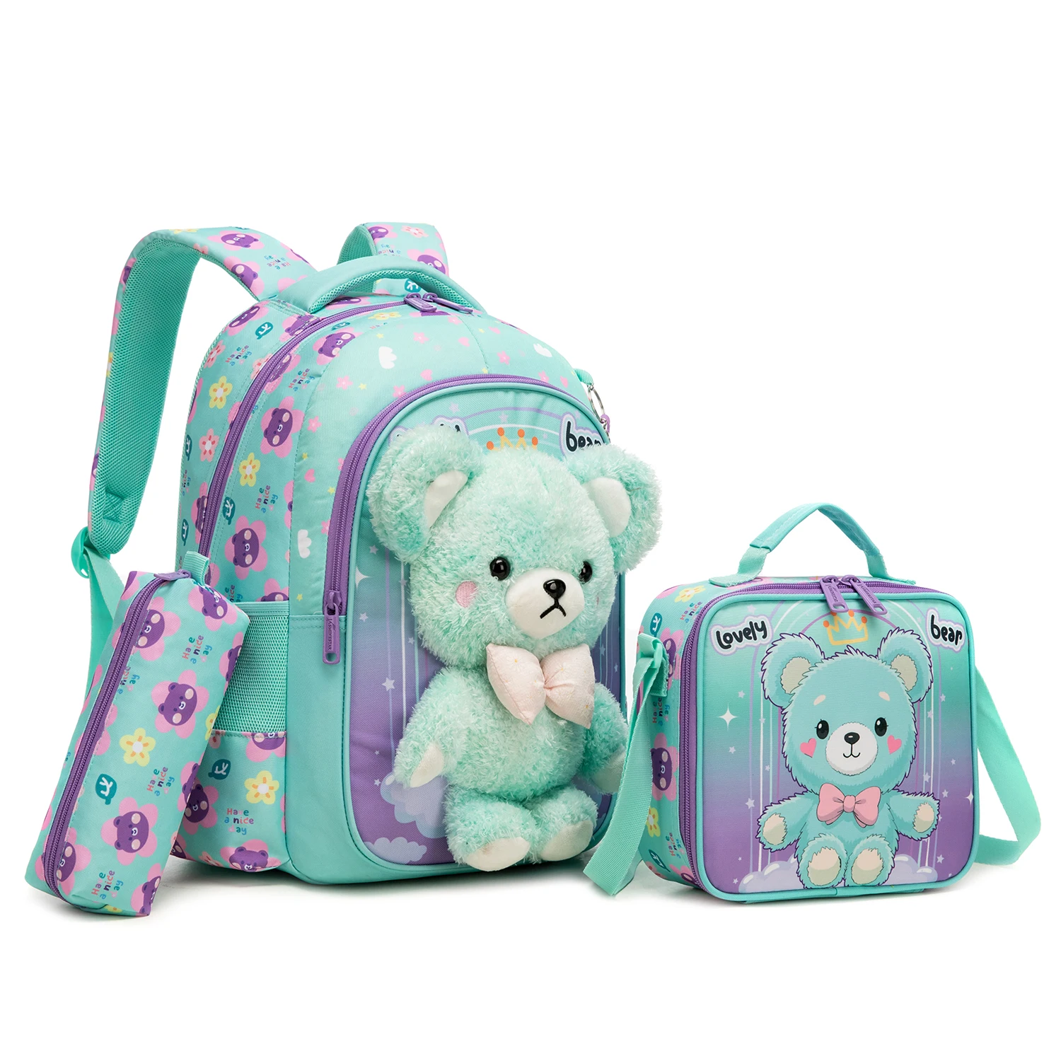 Girls Cute 3D Plush Bunny with Wings 3PCS Backpack Set - Floral Print School Bookbag + Insulated Lunch Bag + Pencil Pouch