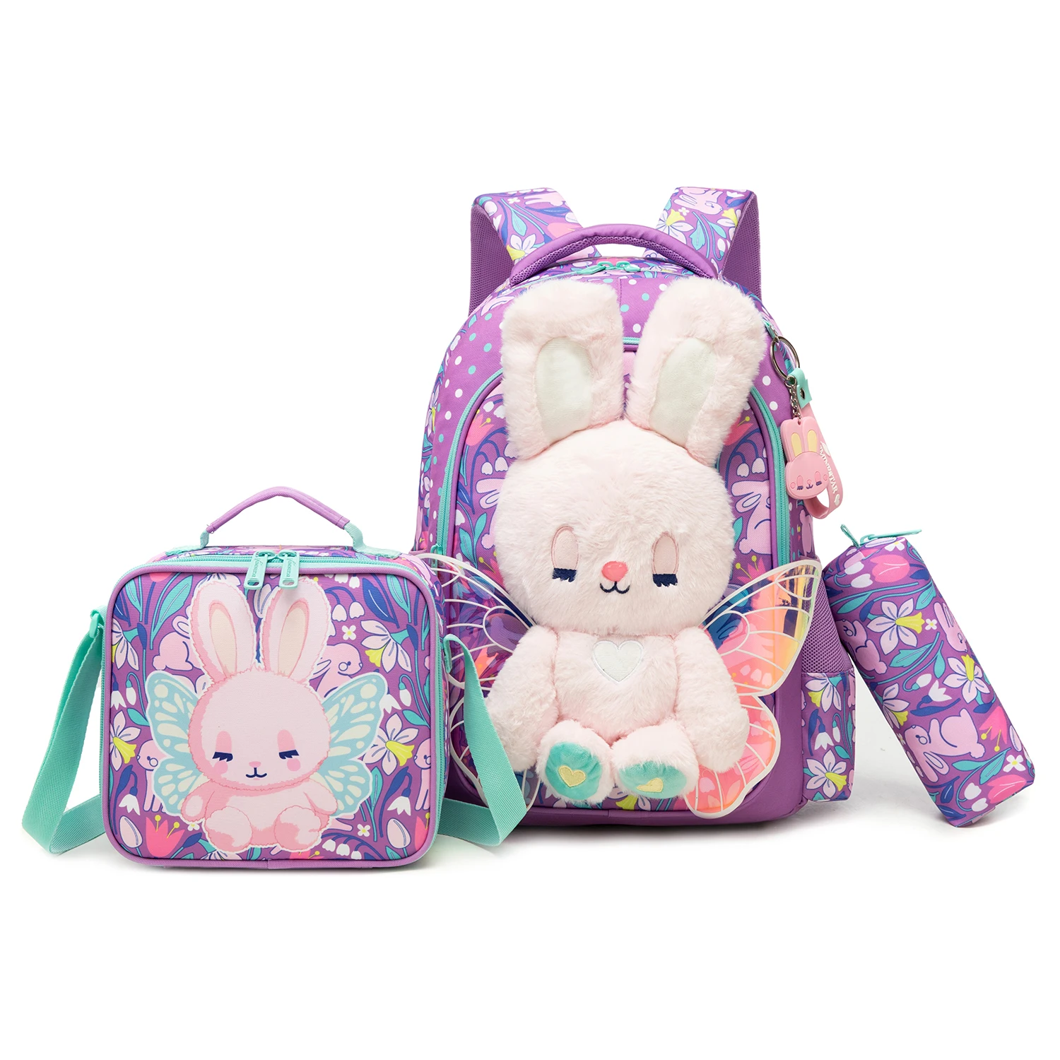 Girls Cute 3D Plush Bunny with Wings 3PCS Backpack Set - Floral Print School Bookbag + Insulated Lunch Bag + Pencil Pouch