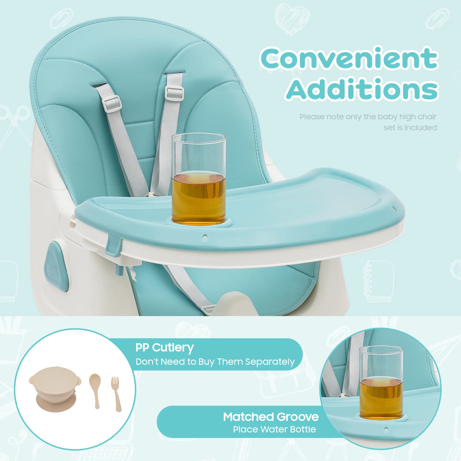 2-in-1 Foldable Baby High Chair with Cushion, 176lbs Load Capacity, Adjustable Height & 5-Position Tray, Portable Feeding Seat with Food-grade Cutlery for 6 Months-6 Years