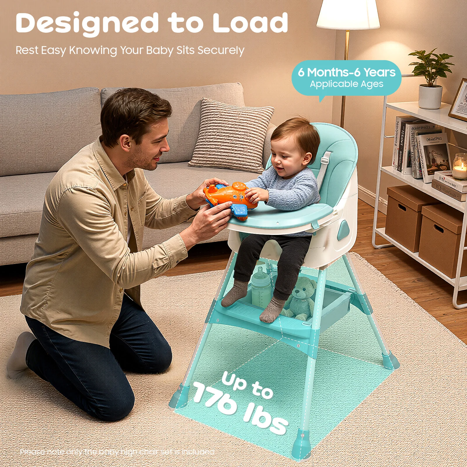 2-in-1 Foldable Baby High Chair with Cushion, 176lbs Load Capacity, Adjustable Height & 5-Position Tray, Portable Feeding Seat with Food-grade Cutlery for 6 Months-6 Years