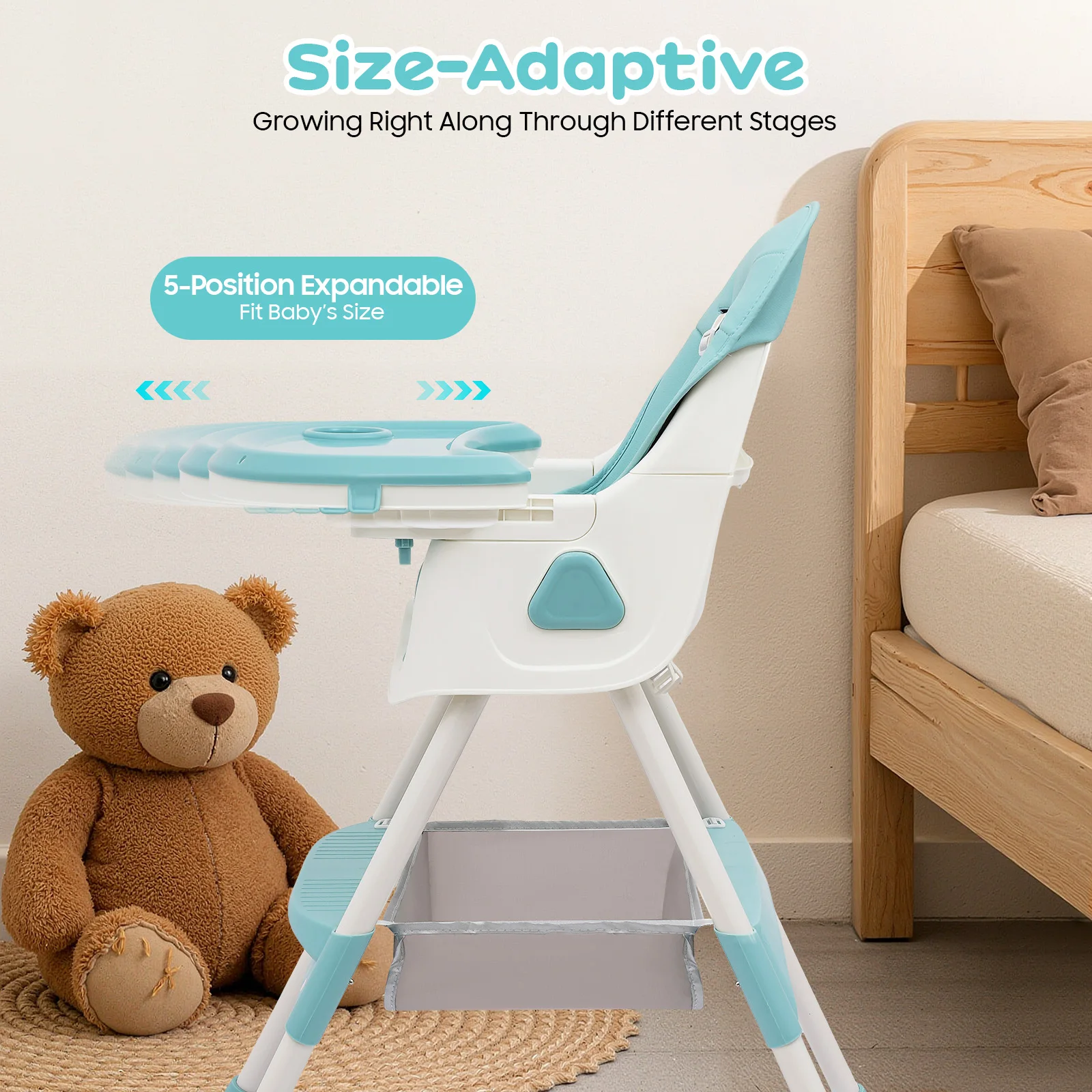 2-in-1 Foldable Baby High Chair with Cushion, 176lbs Load Capacity, Adjustable Height & 5-Position Tray, Portable Feeding Seat with Food-grade Cutlery for 6 Months-6 Years